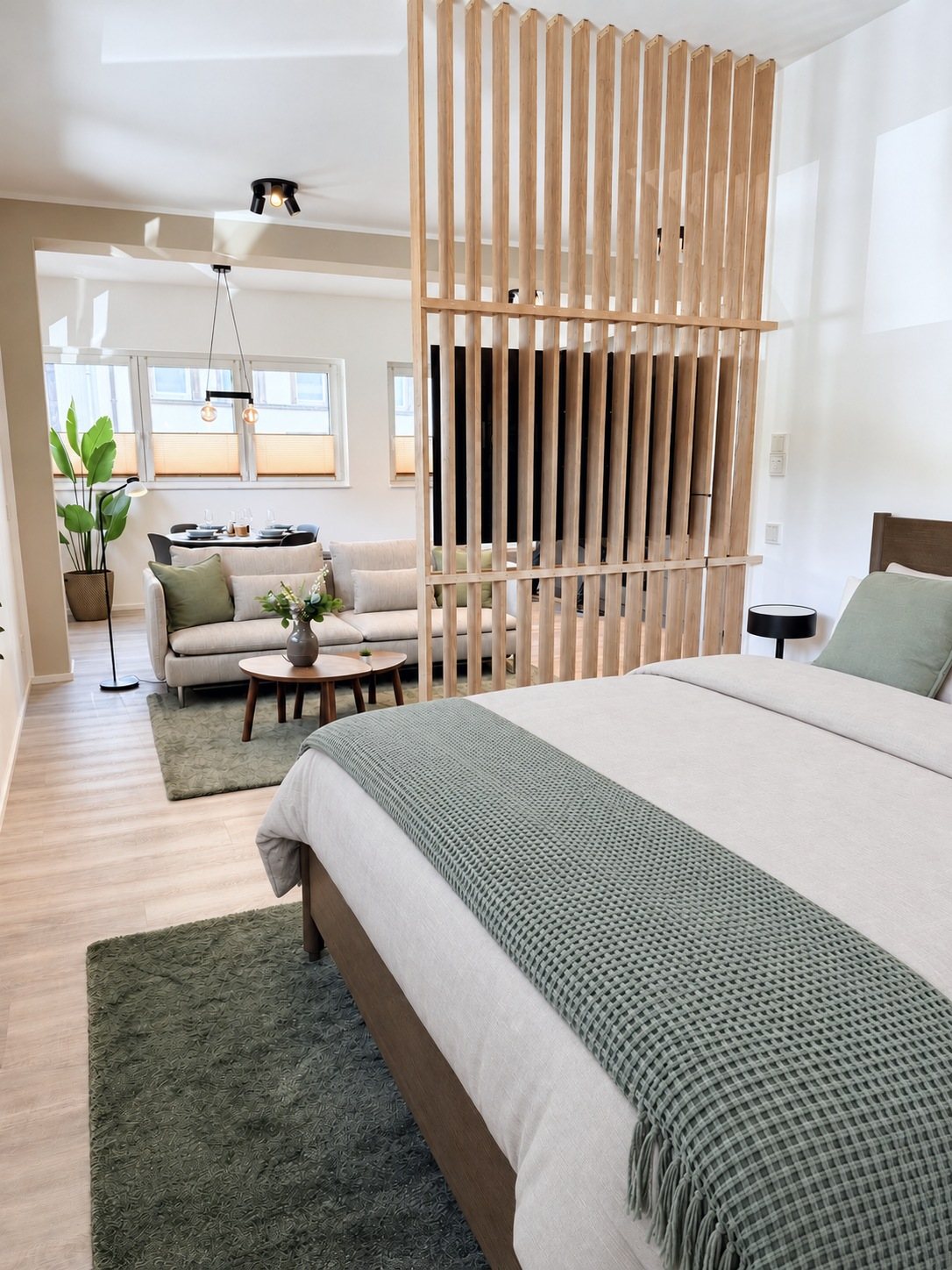 Apartment 1 Kordel – Schlafbereich hinter dem Holzlamellen-Raumteiler
