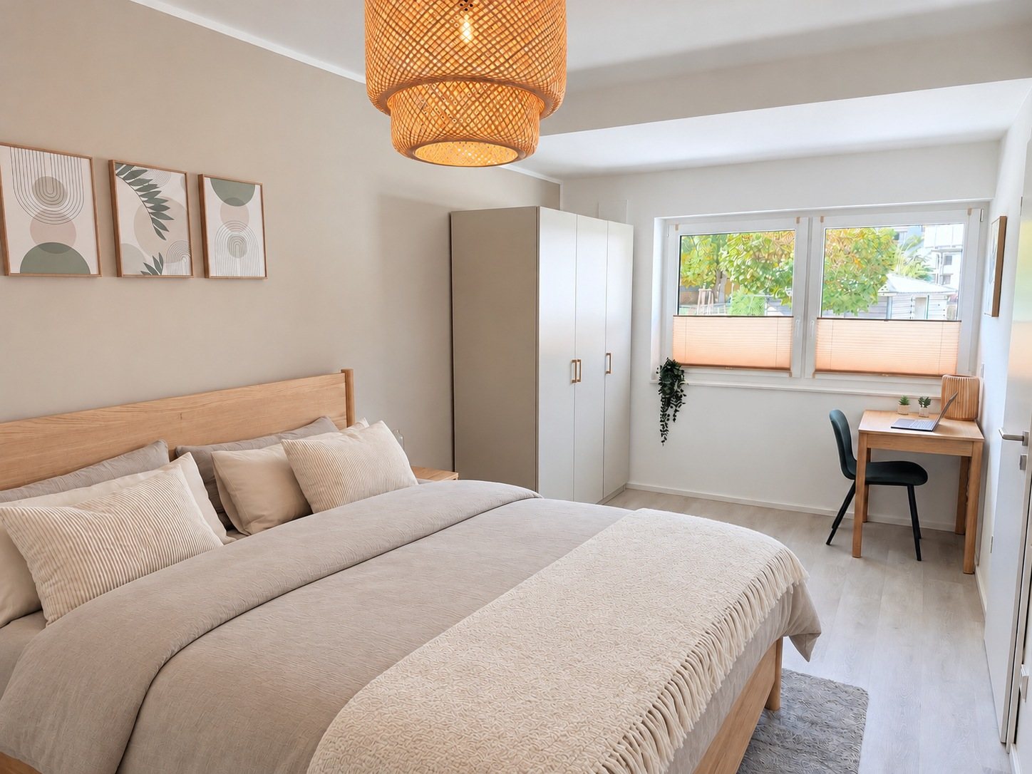 Apartment 2 Kordel – Schlafzimmer mit Doppelbett und Schreibtisch